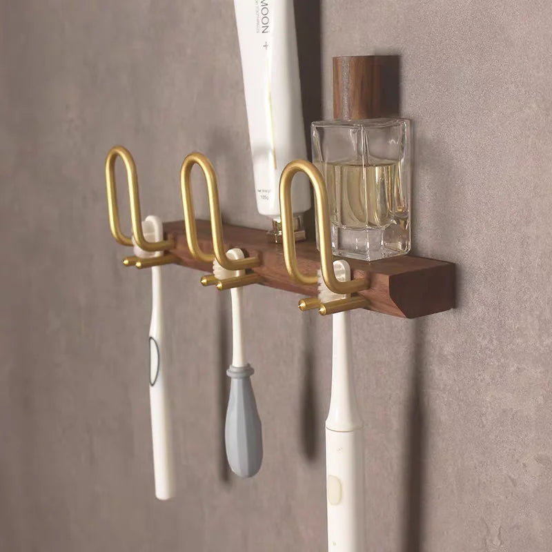 Wood Toothbrush Holder Storage Rack Household Toothbrush Organizer Sticky Wall-mounted Toothpaste Bathroom Accessories Shelf