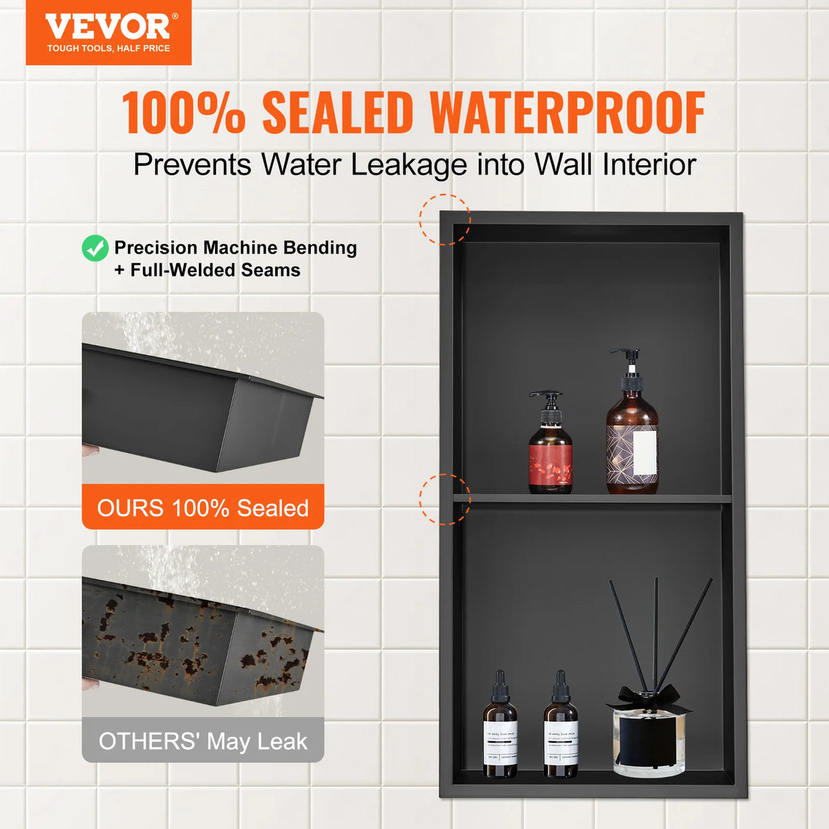 SucceBuy No Tile Shower Niche 304 Stainless Steel Wall Inserted Niche Recessed Double Shelves for Shower  Soap Storage Bathroom